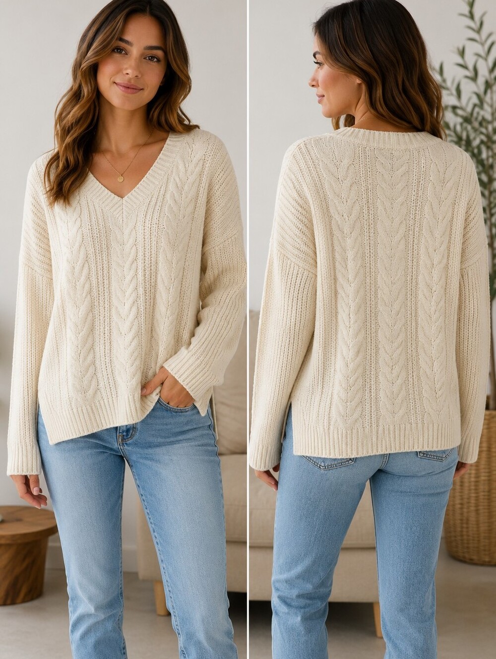 Natural Reflections® Cream Cable Knit V-Neck Sweater – Size Small